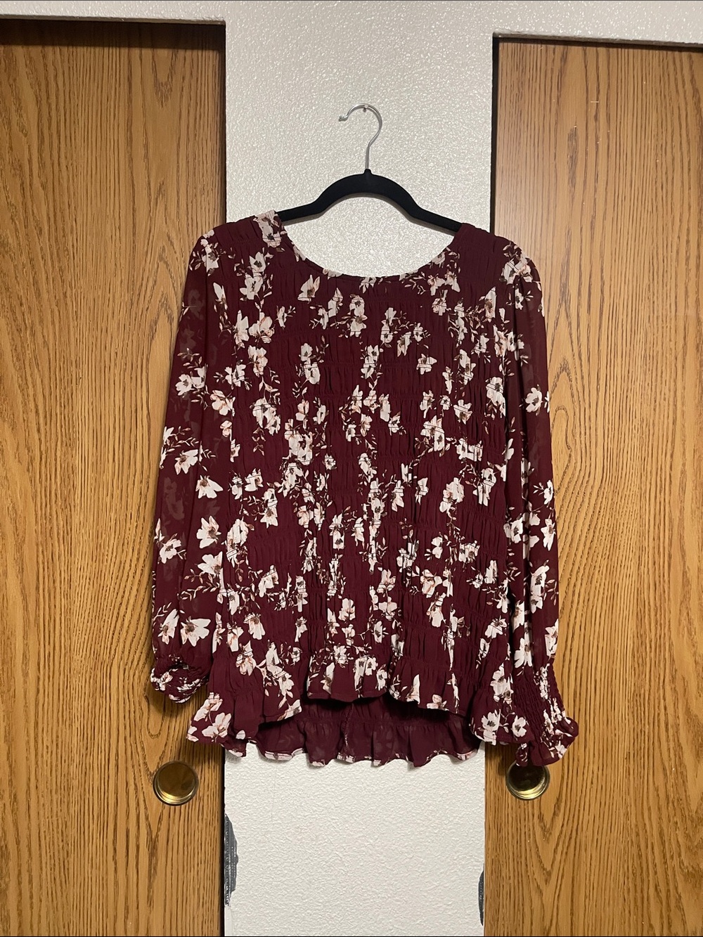 Maurices Maroon Floral Smocked Peasant Blouse